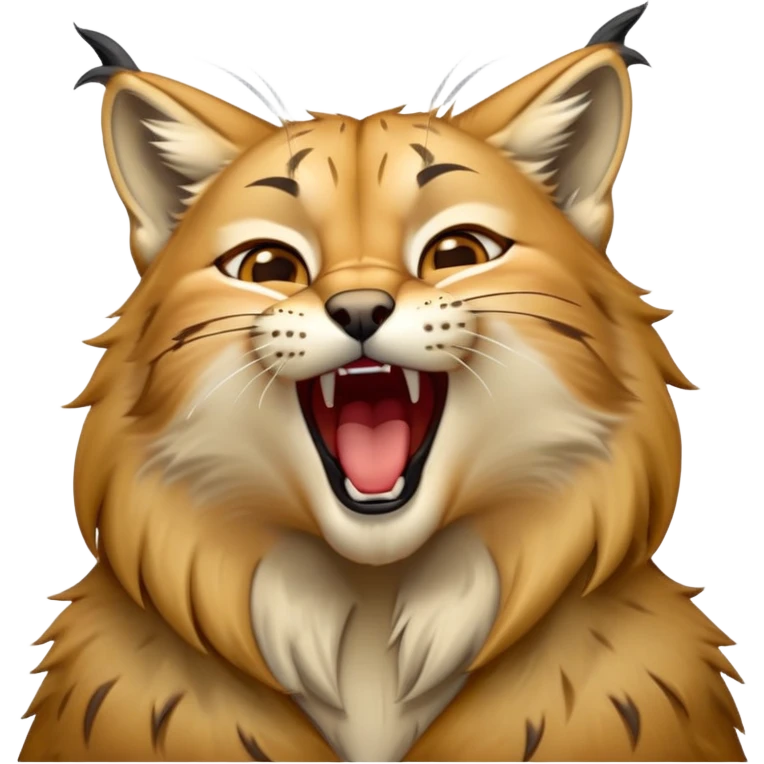 Cinematic-detailed-Yawning-Lynx-Portrait-Emoji – Head tilted slightly with a dramatic, wide-open yawn, revealing a sleek golden-brown fur coat with subtle spots, signature black ear tufts standing tall, round amber eyes barely open in drowsy contentment zoomed out to show the shoulders emoji