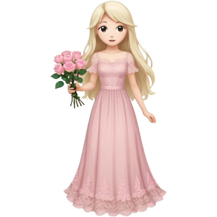 pastel anime woman with long hair pink roses lace dress full body emoji