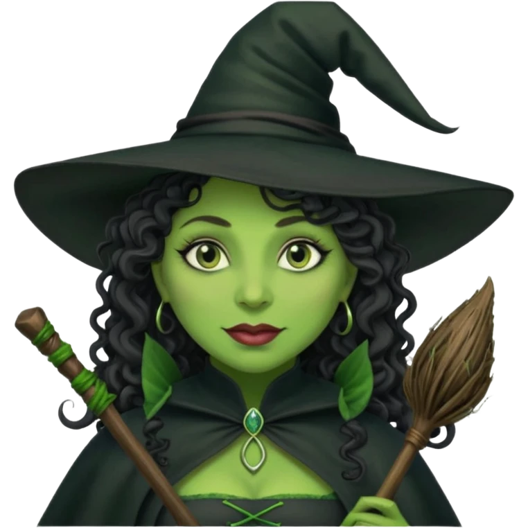 elphaba the wicked witch from wicked movie (cynthia erivo) dark long curly hair, thick lips, green skins, witch hat, witch broom, evil, wicked musical film  emoji