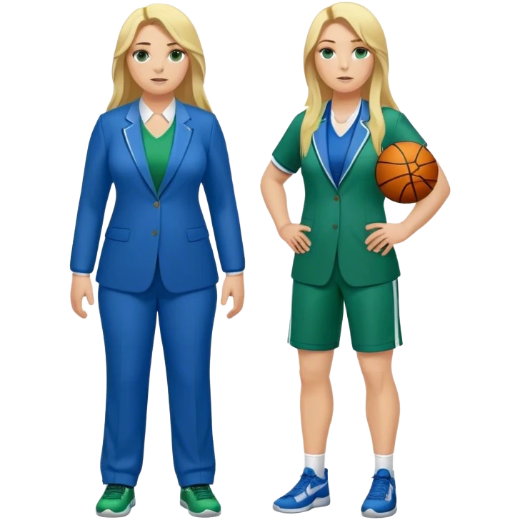 Full Body white plus size female basketball head coach with long blonde hair in a blue and green suit emoji