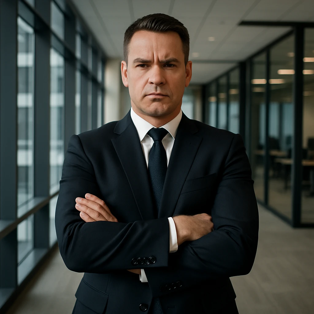 a dominant man in a business setting, confident posture, wearing a suit and tie, modern office background, professional and powerful atmosphere emoji
