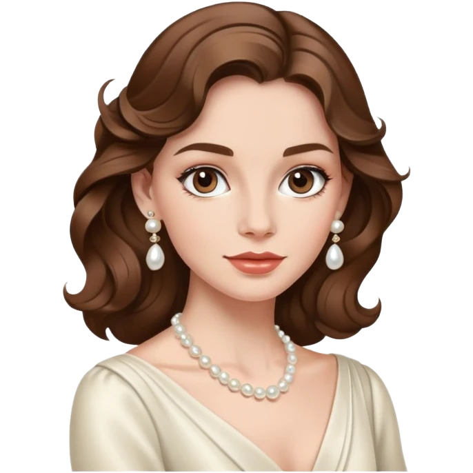 Elegant British girl with wavy hair and pearl earrings, refined features emoji