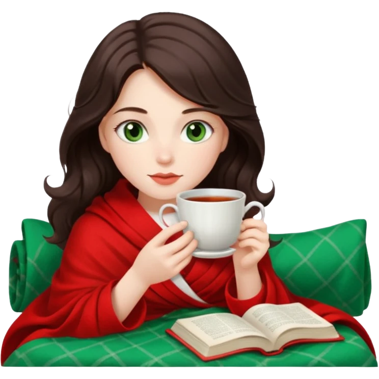 Long wavy dark brown haired, white skinned, dark green eyed girl wrapped in a red and white blanket, sipping tea and reading a book emoji