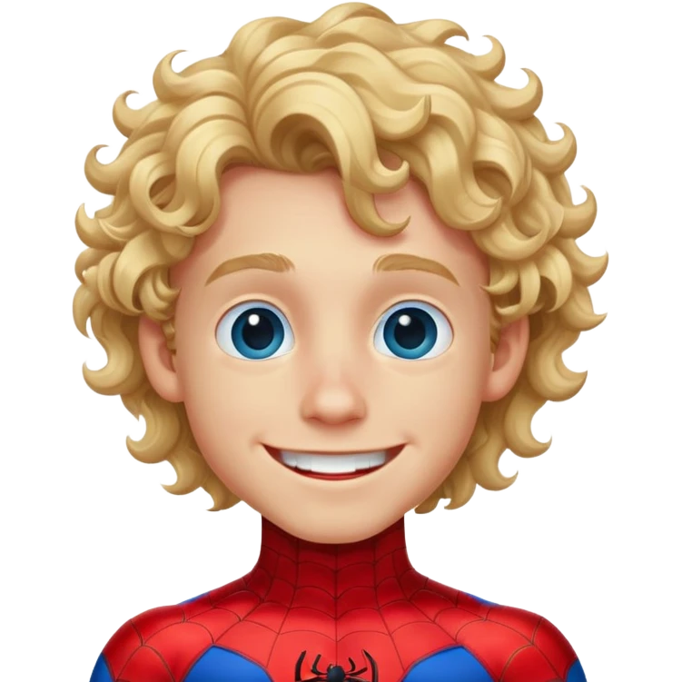 a blonde boy with curly long hair, blue eyes, big smile, spiderman costume emoji