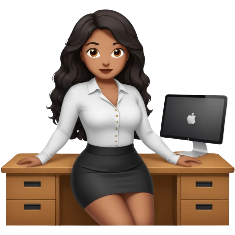 Curvy woman with brown skin with long wavy black hair, brown eyes. She's wearing a tight white shirt and tight black mini skirt, she's sat in the edge of a desk emoji