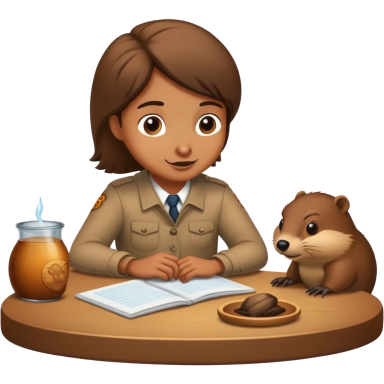 Человек сидит с бобром за столом и общается emoji
