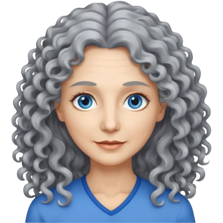  50 years olde woman with grey long curly hair and bleu eyes emoji