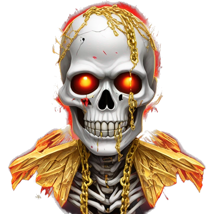 White skeleton zombie person covered in golden chains and black graffiti scribbles and red and silver doodles wings made of neon lightning snowing snowflakes emoji