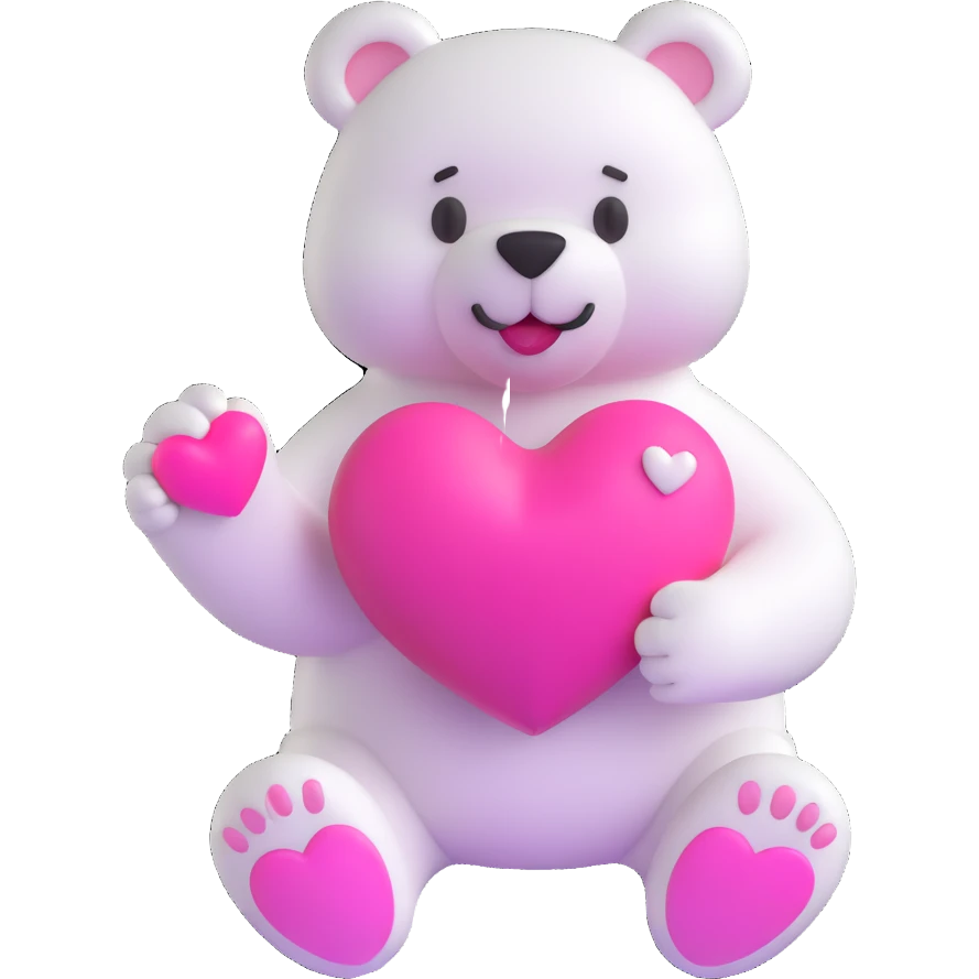 white bear holding a pink heart in hand, 3D emoji style emoji