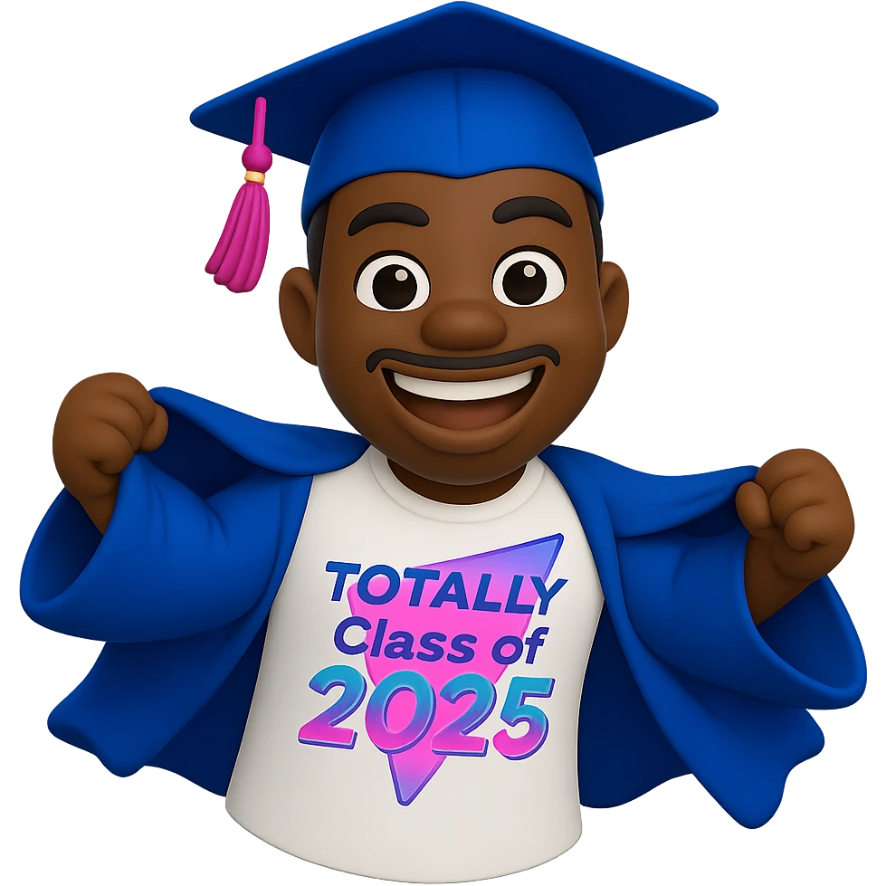 Create a cool emoji based on the person in the reference photo, capturing his features and graduation outfit, with a confident and fun expression. Make the pose dynamic and celebratory. Use a 3D cartoon style. Keep the background transparent. emoji