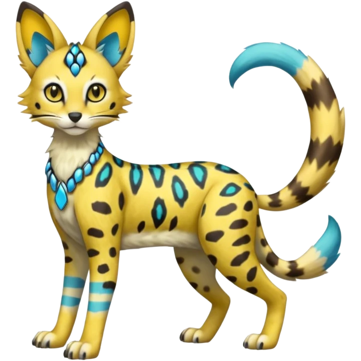 Colorful Yellow Meloetta-Sergal-Serval-Genet-Pokémon-Digimon-Fakémon-fusion-hybrid-creature with Cyan stripes and blue leopard-spot-markings  emoji