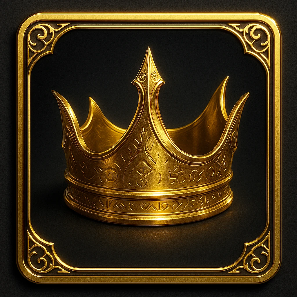 elegant gold crown with sleek curved design, intricate fantasy details, subtle glowing gemstones, encased in a Magic: The Gathering inspired card frame with metallic polish, ornamental corners, arcane motifs, faint glowing frame, dark background, clean iconic look, suitable for competitive Magic/Commander league logo or emoji emoji