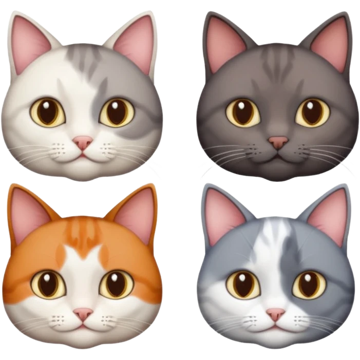 4 different coloured short haired cats including; a dark brown and white cat, and a dark grey and white  emoji