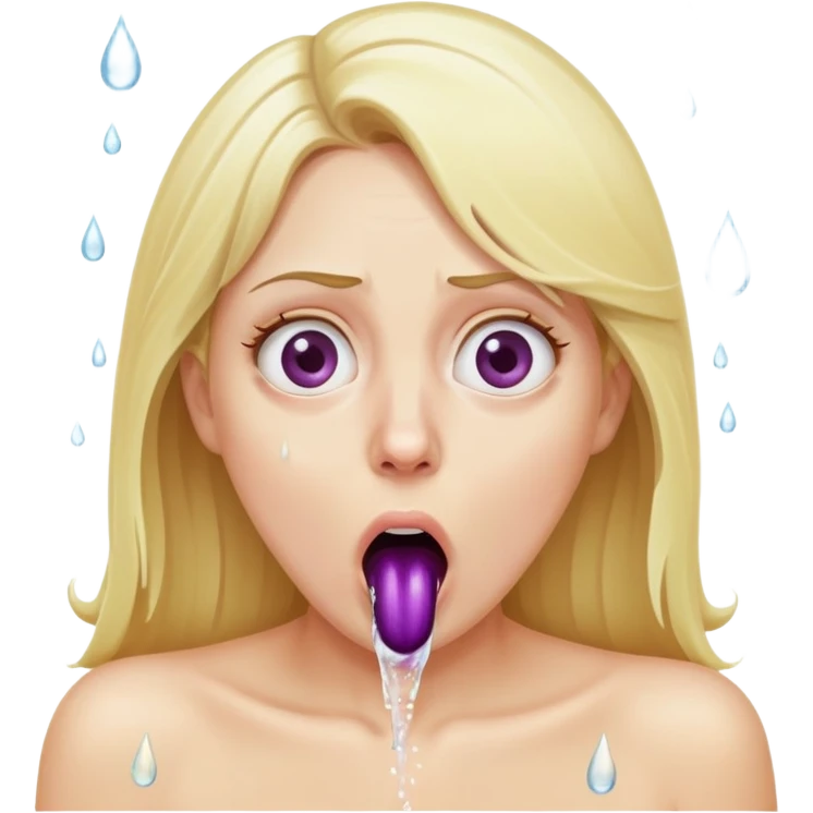 blond woman with wide eyes, eggplant squirting water straight into her mouth, shocked face emoji