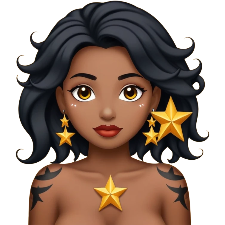 quero uma imagem de uma garota com cabelos longos e cacheados, em uma coloração escura. pele morena, mas não tanto, piercing no septo, boca um pouco carnuda, sobrancelhas um pouco finas, uma roupa preta e uma tatuagem de estrela no ombro  emoji