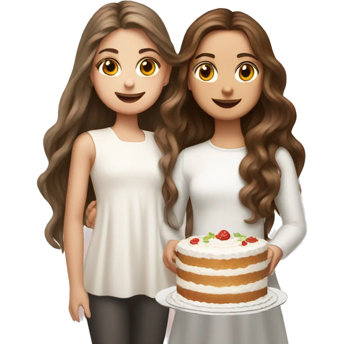 girl with long wavy hair and Russian girl with brown straight hair together holding big white cake emoji