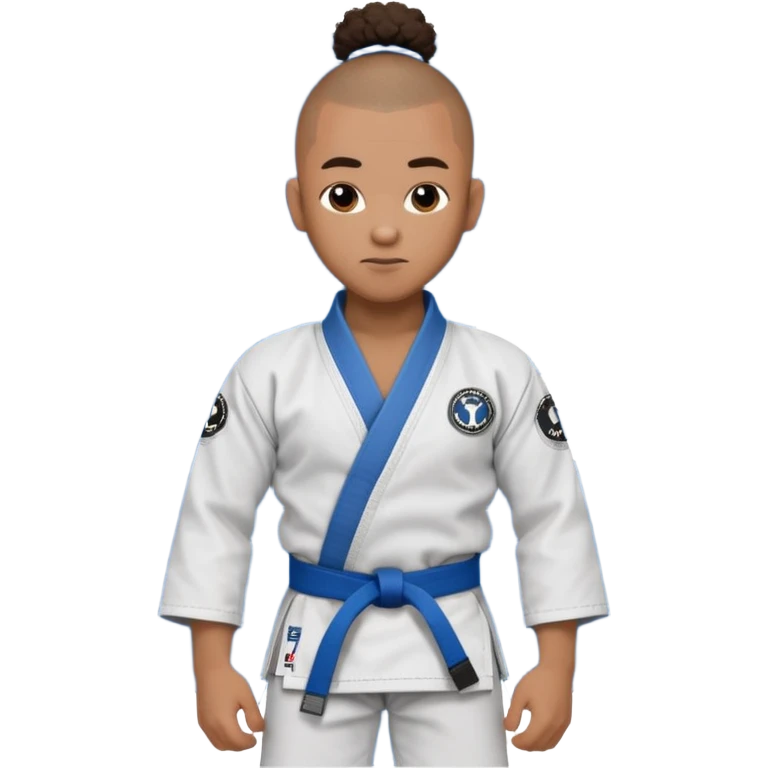 black karate instructor with pony tail afro hair and shaved bald sides haircut, Make the hair brown and the belt blue. Add the roger Gracie academy logo on the go also and the p logo of progress jiu jitsu on the right arm sleeve  at the top emoji