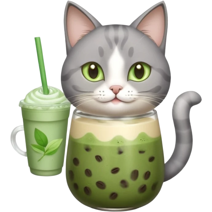 Happy gray Cat holding in its front two paws an iced matcha latte emoji