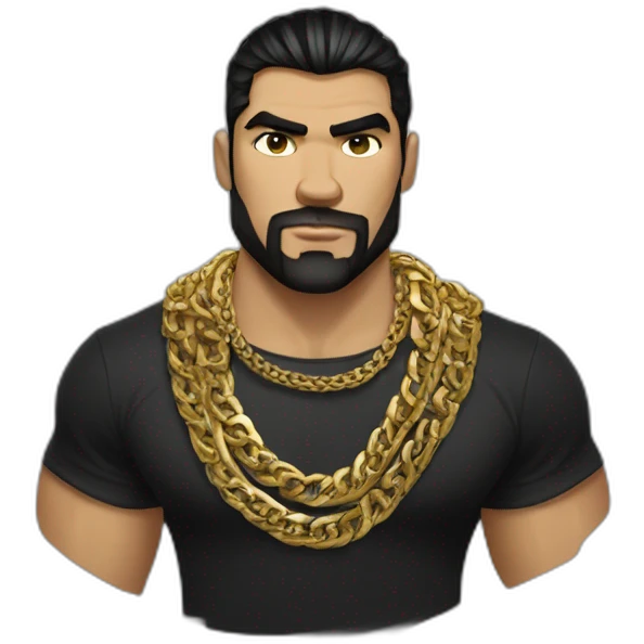 Russian strong man thug wearing gold chain with black hair and short beard, wearing designer fendi tshirt emoji