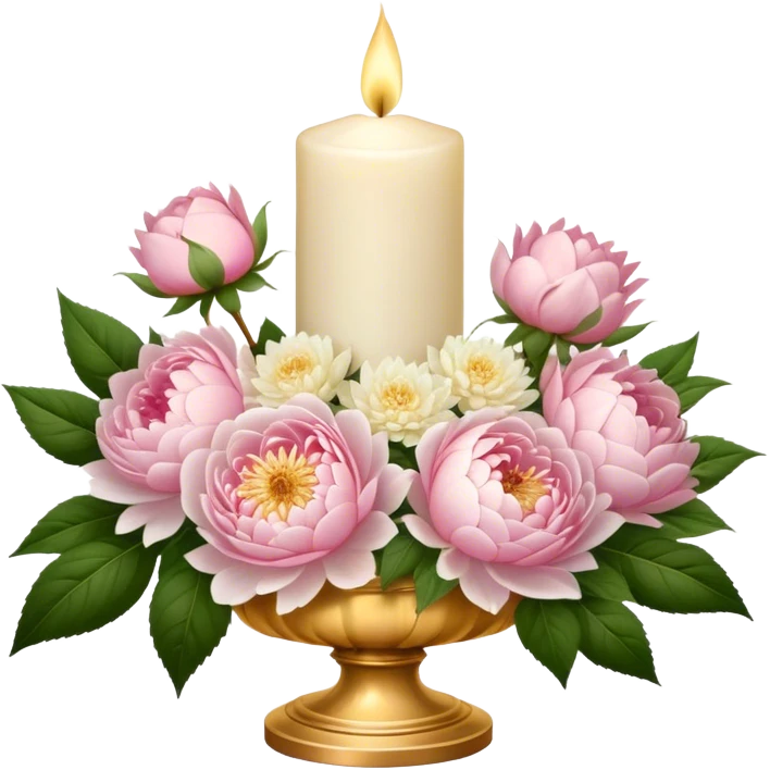 An elegant ivory candle in a golden holder, surrounded by a lush bouquet of soft pink roses, white peonies, and blush dahlias, flickering gently in the dim candlelight. emoji