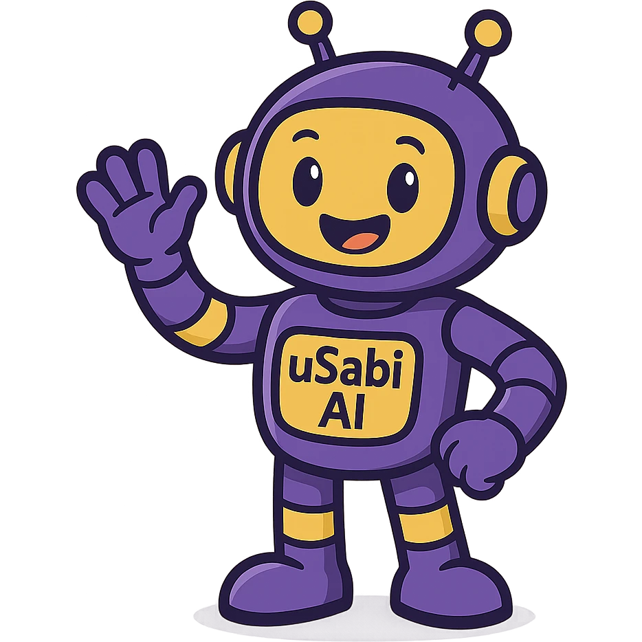 friendly mascot character inspired by the name 'uSabi AI', playful techy look, main colors purple and yellow, modern approachable style suitable for a tech brand emoji
