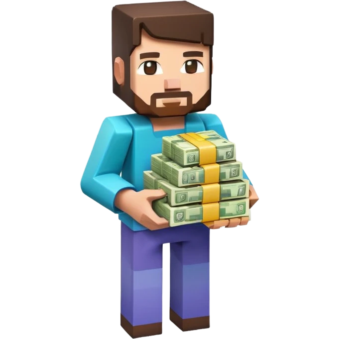 emoji style icon, minecraft blocky character holding a stack of money, pixel art style, bright colors, simple background, 3D glossy emoji, centered composition, soft shadow, high detail, clean outline, white background emoji