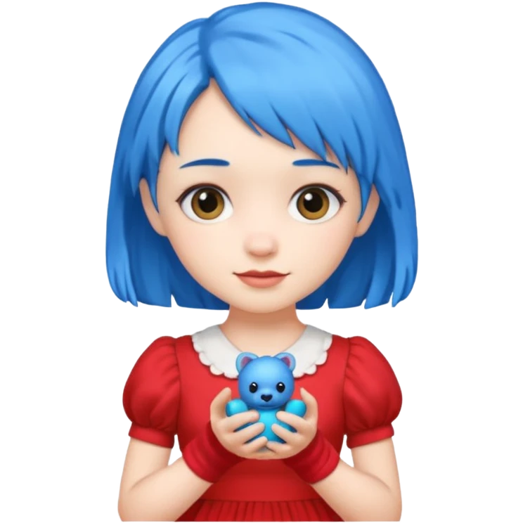 blue haired red wearing girl with small toy emoji