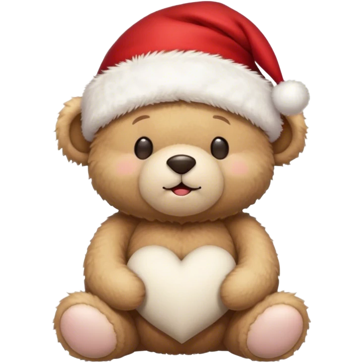FLUFFY Teddy bear wearing a santa hat, SMILLING EYES CLOSED WITHS HEARTS AROUND HIS HEAD emoji