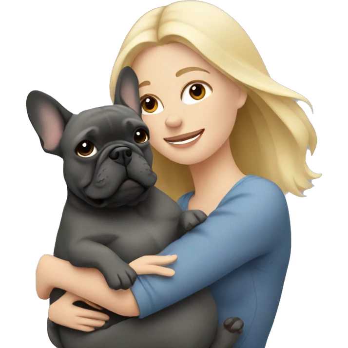 Blonde woman hugging dark gray french bulldog emoji