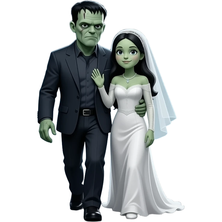 cinematic realistic - Frankenstein Monster embraces his monstrous bride while walking through a desolate night landscape emoji