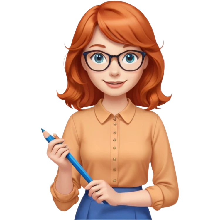 smiling redheaded woman with long wavy hair and bangs, blue eyes, cat-eye glasses, pencil skirt, apricot blouse, holding a pencil emoji