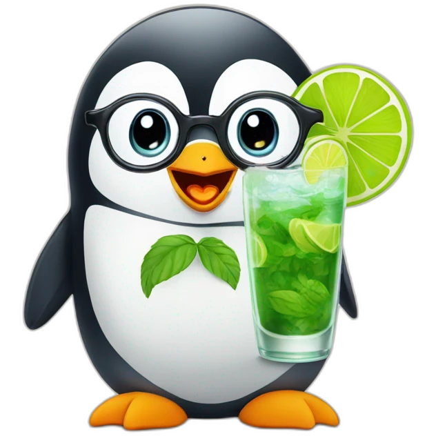 baby penguin with big glasses drinking mojito emoji