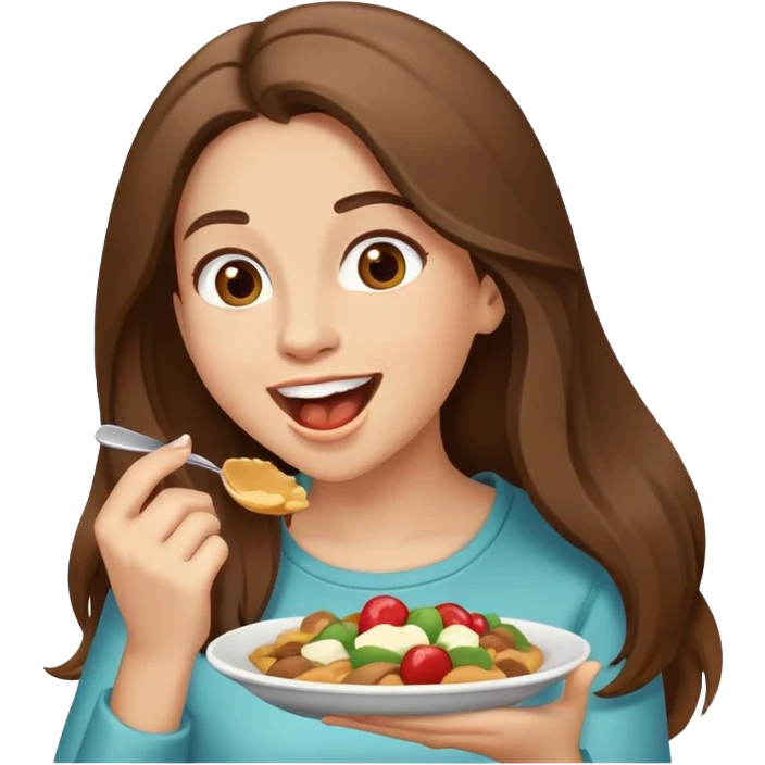 excited woman with long brown hair eating emoji