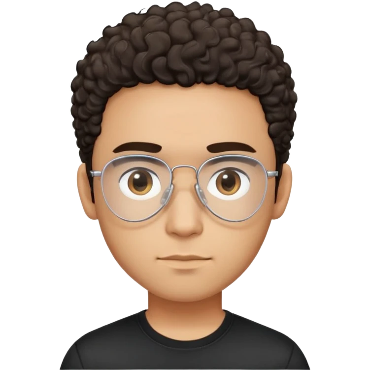 Latino man with light brown complexion, small face and prominent forehead, clear lens teardrop-shaped aviator eyeglasses with metal frame, totally shaved sides with very minimal dark curly hair only on top, gentle expression, simple black t-shirt emoji