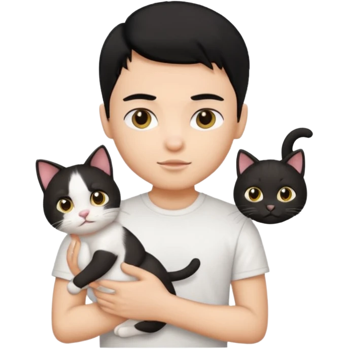 generate a pretty bratz emoji of a boy with black hair wearing a white tshirt and holding a cat in his right hand emoji