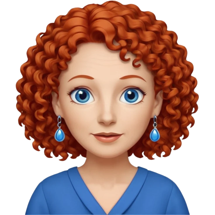 una profesora mayor simpática con el pelo rojo rizado, ojos azules, vestido azul y pendientes azules hablando emoji