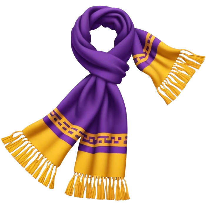 A standalone scarf with a bold purple and yellow pattern, cozy wool texture, fringed edges — no face, no background, just the scarf. emoji