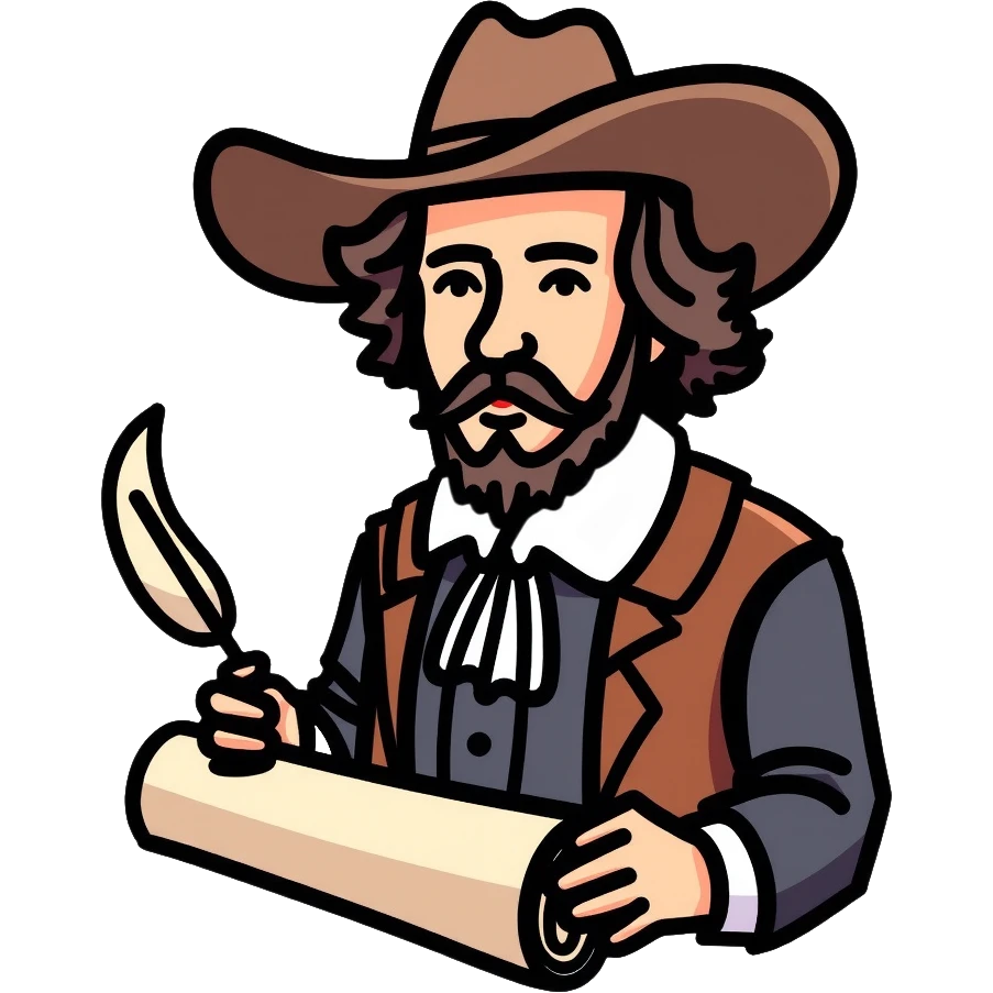 Shakespeare in a cowboy outfit with a scroll and quill emoji