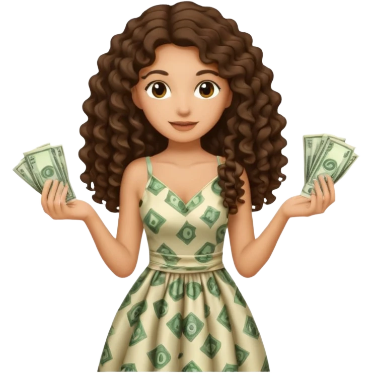 brunette with long curly hair, in a dress, with money in her hands emoji