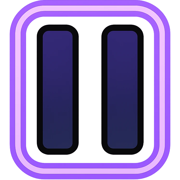 pause icon, two vertical parallel lines with dark purple to black gradient, subtle glow, neon border matching the gradient emoji