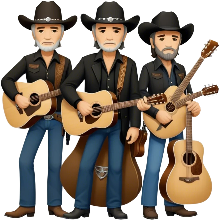 Icon for Country Music: The Highwaymen—Johnny Cash, Willie Nelson, Waylon Jennings, and Kris Kristofferson—standing together with guitars, cowboy hats, and rugged outlaw country aesthetics. Warm tones, western scenery hints, and a transparent background. emoji