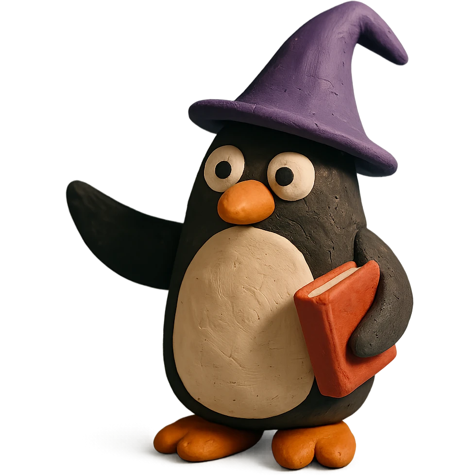 penguin wizard with a pointy hat and book emoji