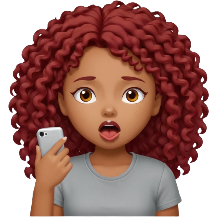 generate a pretty bratz brown skinned girl curly dark red hair, yawning in a grey tshirt bored. emoji