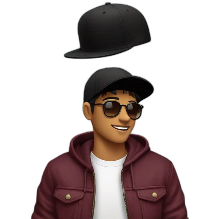 Chico joven con gorra hacia atrás color negra lentes negros sacando la lengua buso vinotinto  emoji