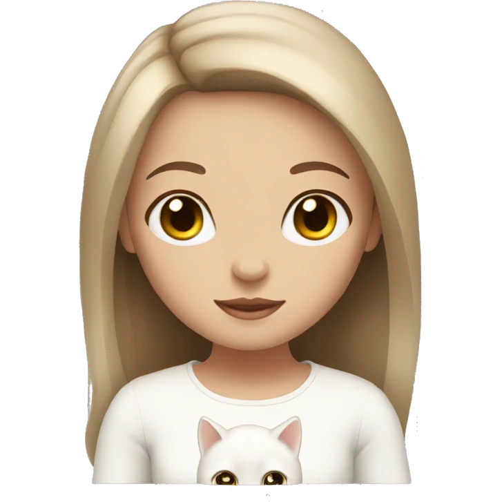 Girl with brown eyes and hair holding a white cat  emoji