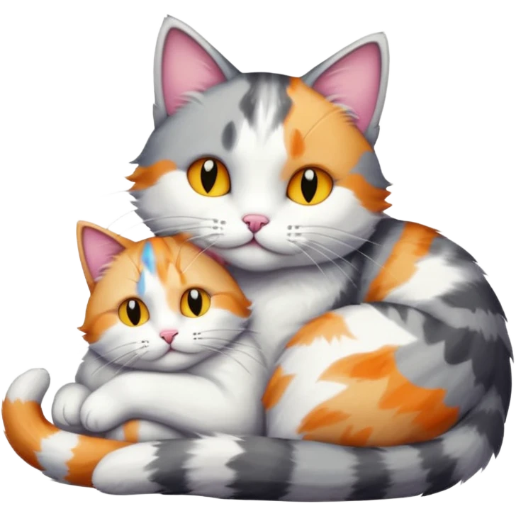 big grey and white cat cuddling a colourful light patched calico + white tabby cat emoji