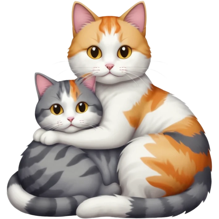full body colourful light patched calico + white tabby cat cuddling a large grey and white cat  emoji