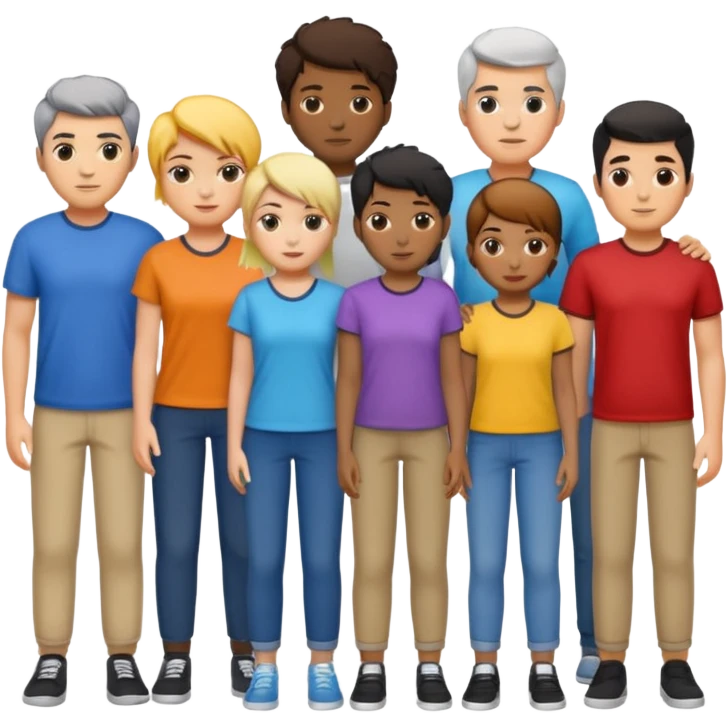 14 personagens de diferentes tons de pele e estilos de cabelo, vestindo roupas casuais em diferentes cores, todos agrupados lado a lado emoji