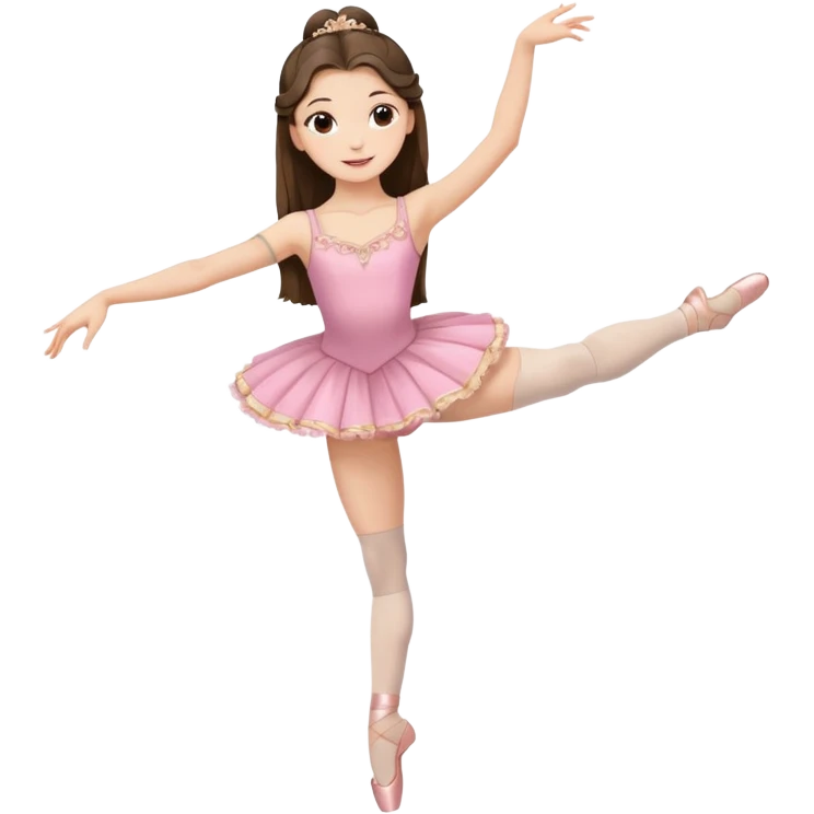 happy pretty white brunette teen long hair with hazel eyes in a ballet costume with one leg up emoji