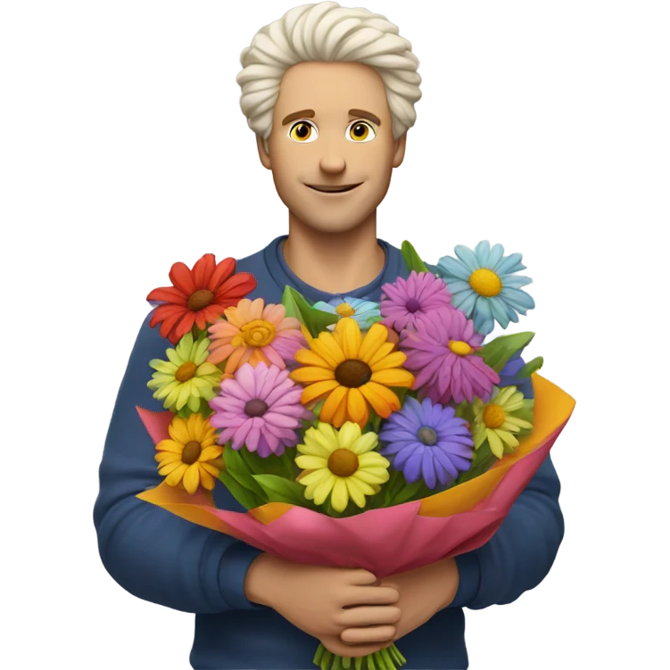 white man with fluffy hair holding bouquet of flowers  emoji